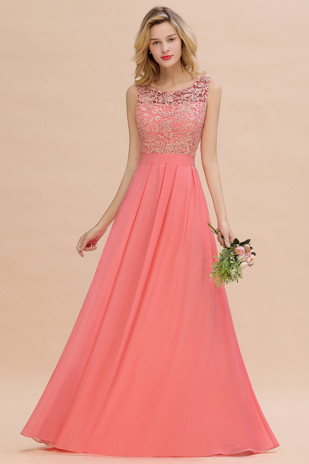 Long Bateau Sleeveless A-Line Ruffles Floor Length Chiffon Bridesmaid Dress