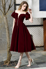 Burgundy Velvet A-line V-neck Short Formal Evening Dress with Bubble Sleeve