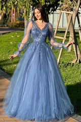 Chic Long A-line V-neck Tulle Backless Prom Dresses with Sleeves