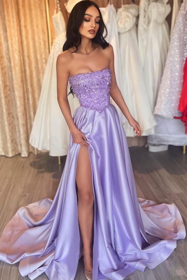 Long Strapless A-Line Beaded Satin Prom Dress with Slit