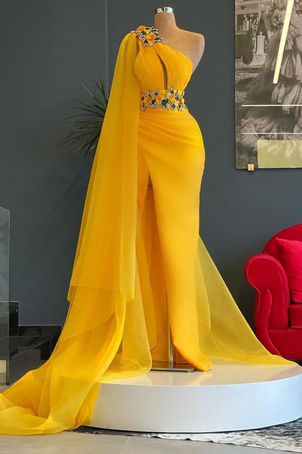 Long One Shoulder Beading Ruffles Floor Length Split Tulle Mermaid Prom Dress
