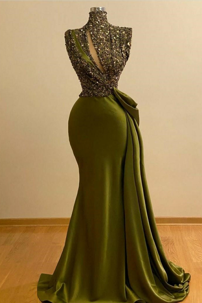 Long Mermaid High Neck Formal Evening Dress Sequins With Ruffle