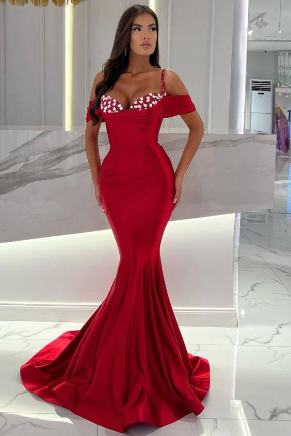 Red Long Spaghetti Straps Off The Shoulder Mermaid Prom Dress