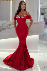 Red Long Spaghetti Straps Off The Shoulder Mermaid Prom Dress