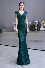 Elegant Mermaid Cap Sleeve Dark Green Sequins Long Formal Evening Dress