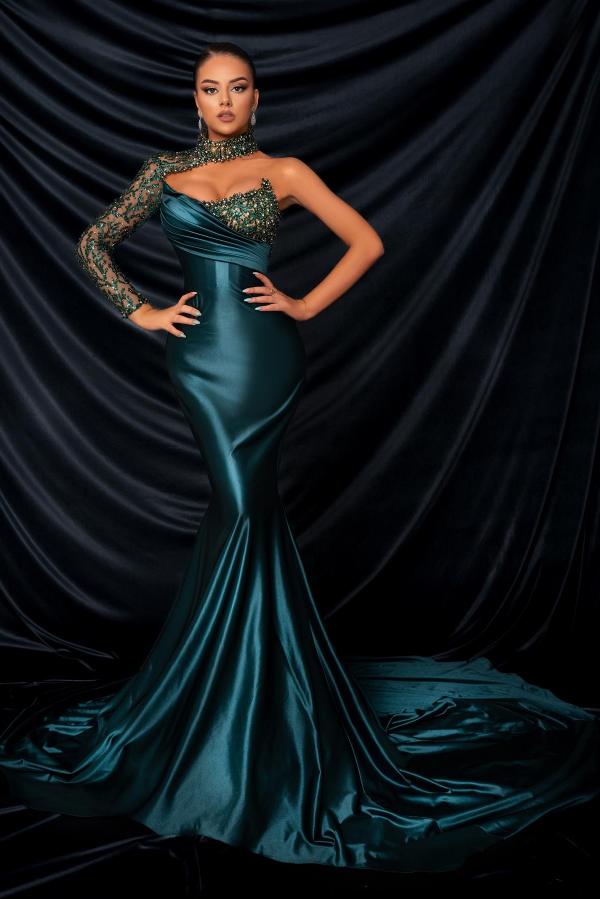 Mermaid One Shoulder Satin Long Prom Dresses with Court Train