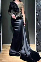 Elegant Black Long Mermaid V-neck Satin Beading Evening Dresses With Sleeves