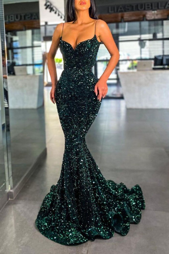 Dark Green Long Mermaid Spaghetti Straps Sequined Prom Dress