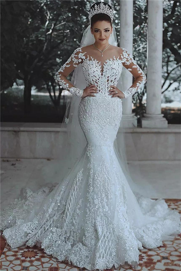 Luxury Long Beaded Lace Mermaid Sheer Tulle Wedding Dresses with Sleeves