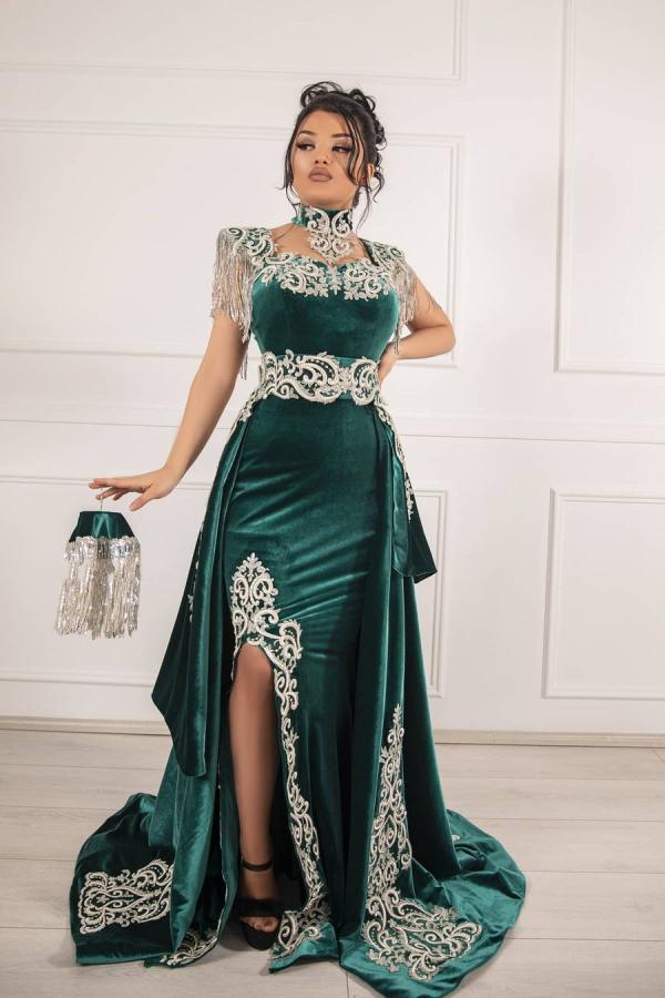 Unique Long Mermaid Velvet Formal Evening Dresses with Slit