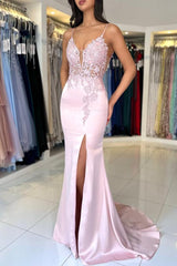 Long Mermaid V-Neck Sleeveless Satin Lace Prom Dresses with Slit