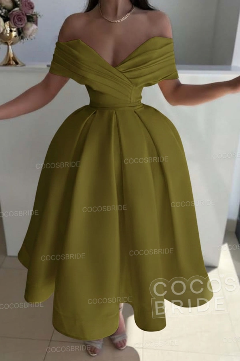 Off the Shoulder A-Line Satin Prom Dress with Pleated