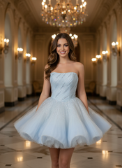 Beautiful Blue Strapless Ball Gown Homecoming Dress with Beaded