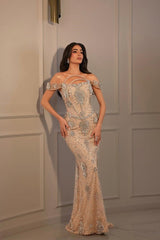 Long Off the Shoulder Beaded Mermaid Formal Evening Dresses