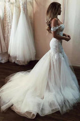 Lace Tulle Off the Shoulder Mermaid Long Wedding Dress