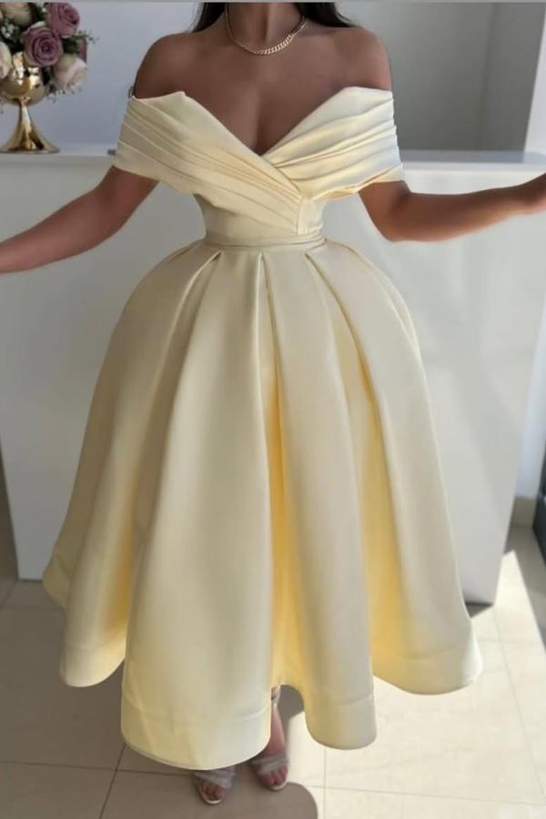 Off the Shoulder A-Line Satin Prom Dress with Pleated