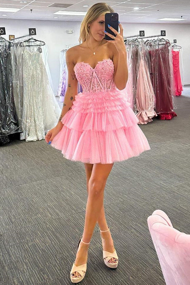 Short A-line Appliques Lace StraplessMulti-Layers Homecoming Dress