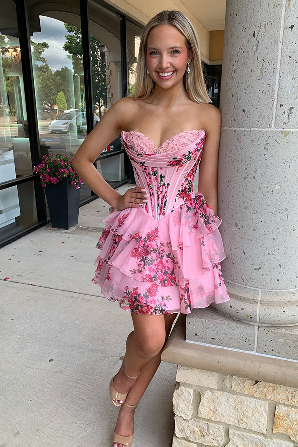 Pink Floral Strapless Corset Short Homecoming Dresses