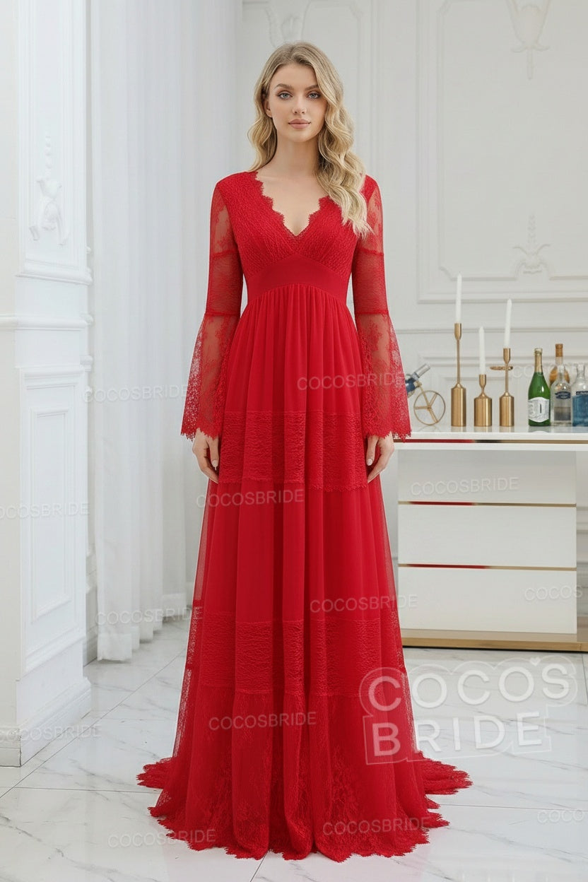 Elegant Long Sleeves A-line V-Neck Tulle Wedding Dresses