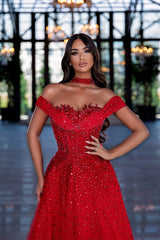 A-line Red Long Off the Shoulder Beaded Formal Prom Dresses