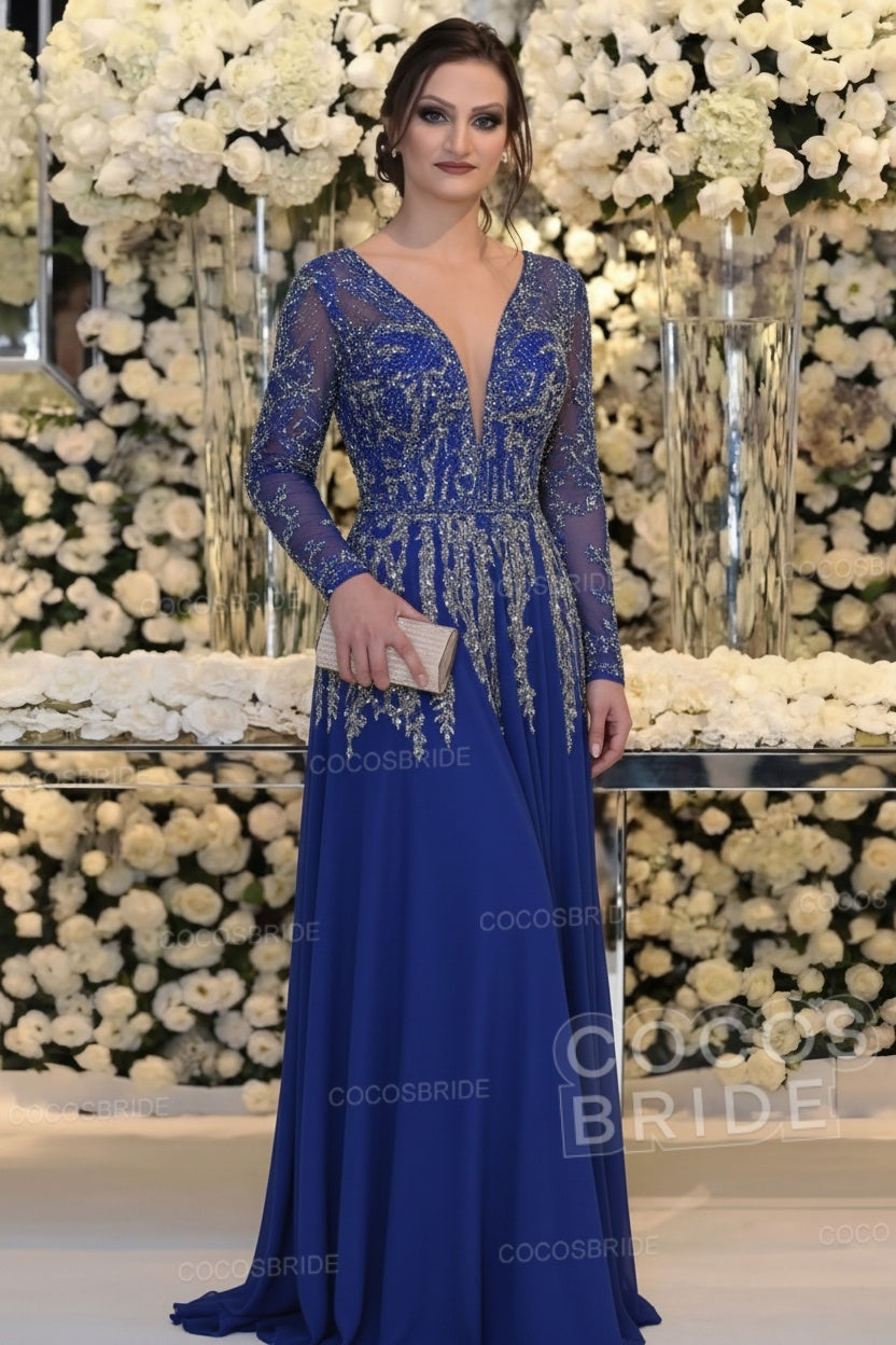 Long Sleeve Floor Length A-line Mother Of Bride Dress With Beading
