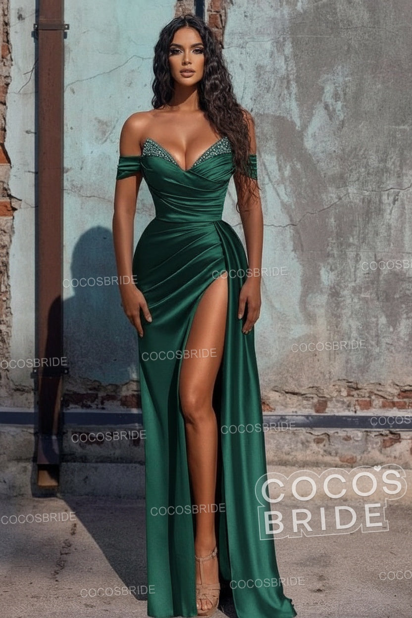 Sexy Long Off the Shoulder Deep V-neck Sequins Ruffles Prom Dress With Slit