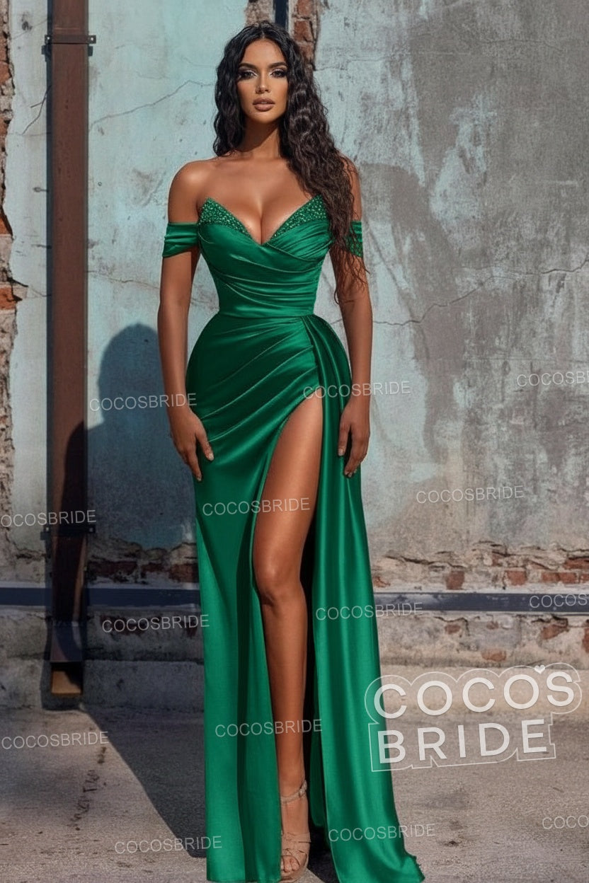 Sexy Long Off the Shoulder Deep V-neck Sequins Ruffles Prom Dress With Slit