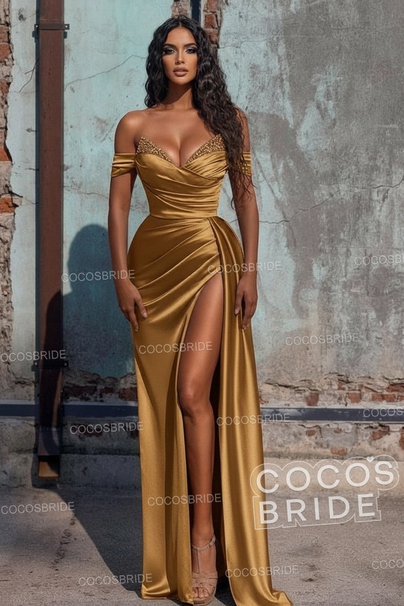 Sexy Long Off the Shoulder Deep V-neck Sequins Ruffles Prom Dress With Slit