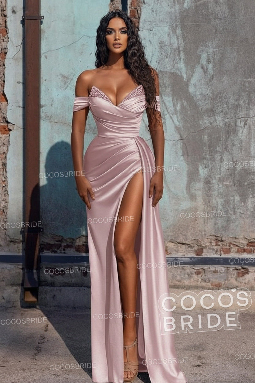 Sexy Long Off the Shoulder Deep V-neck Sequins Ruffles Prom Dress With Slit