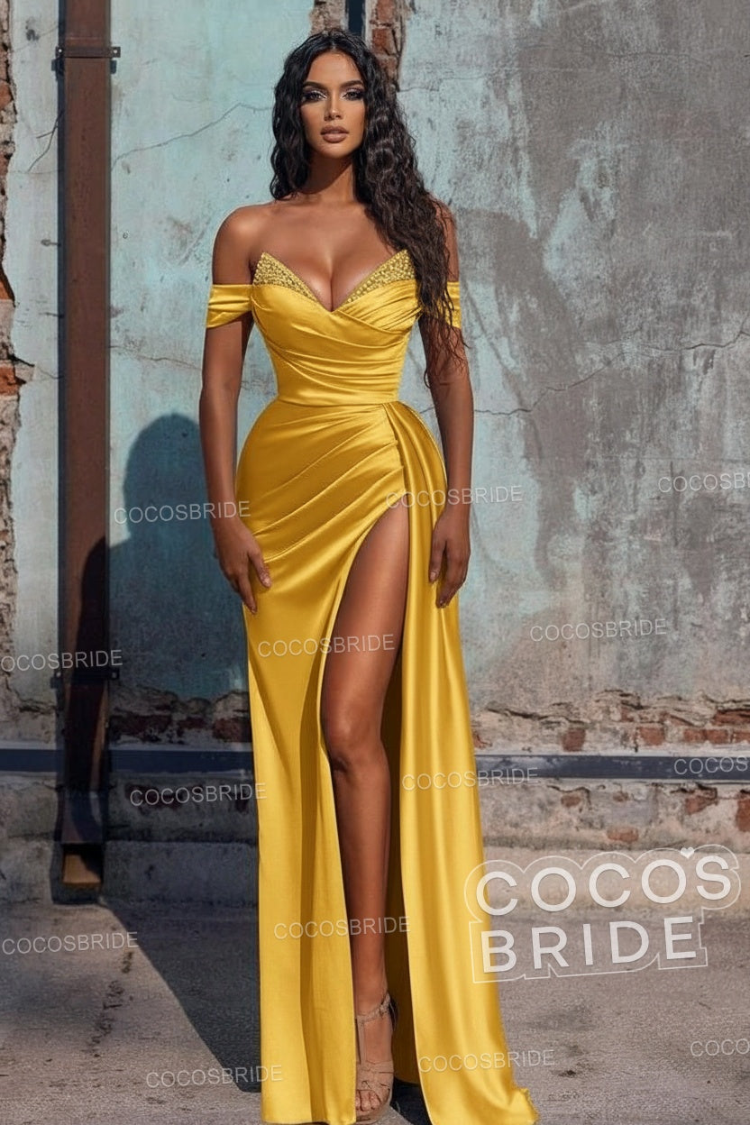 Sexy Long Off the Shoulder Deep V-neck Sequins Ruffles Prom Dress With Slit