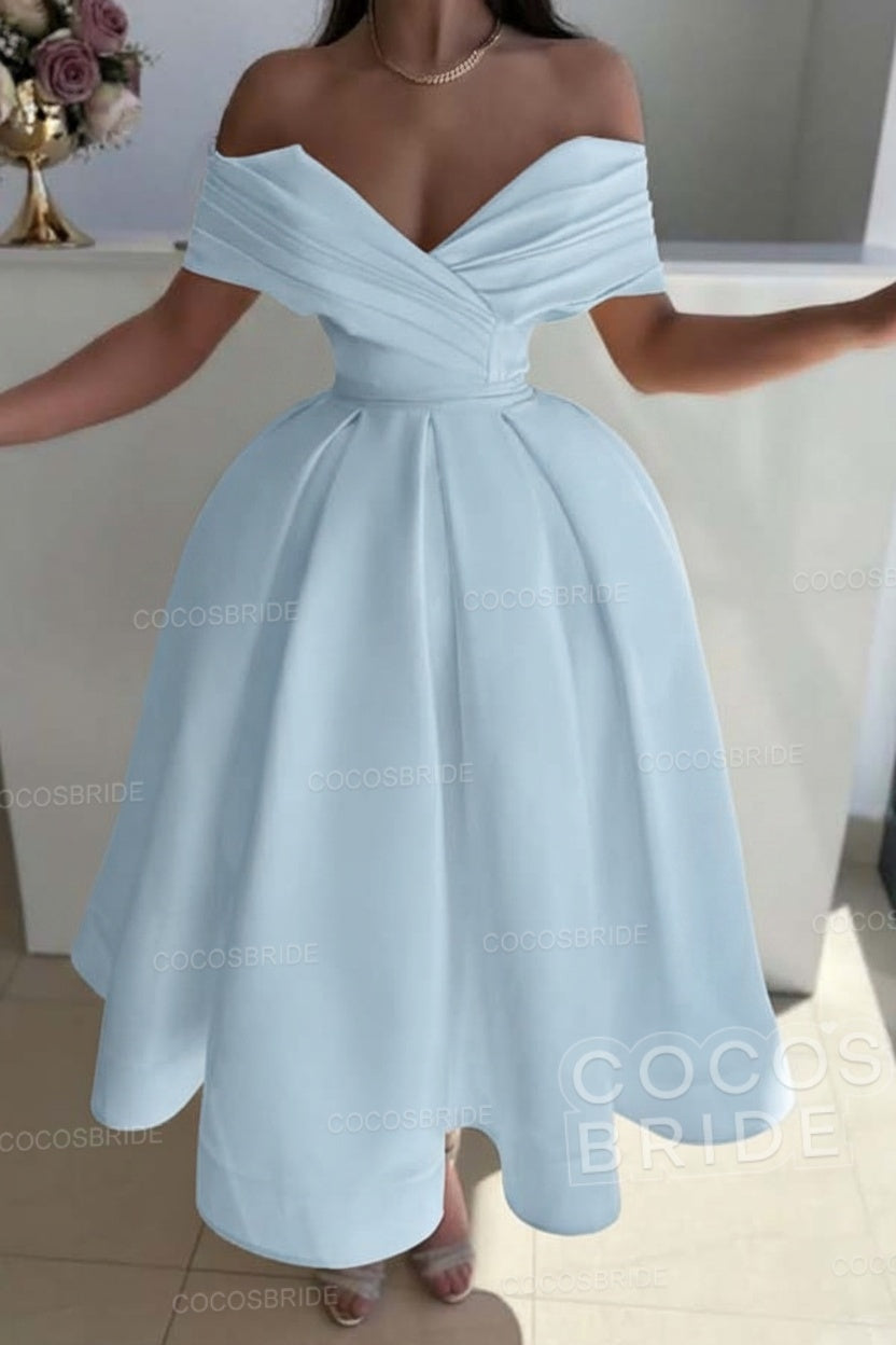Off the Shoulder A-Line Satin Prom Dress with Pleated
