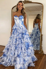 Blue Floral Strapless Silk Chiffon Corest Long A-line Prom Dress with Slit