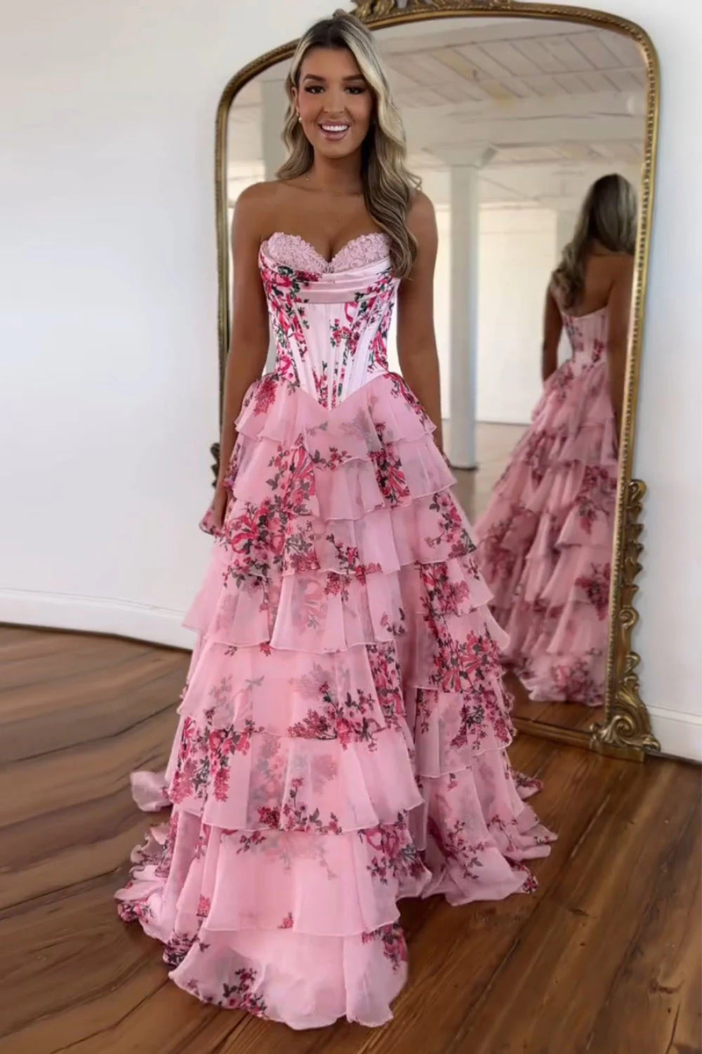Pink Floral Strapless Silk Chiffon Corest Long A-line Prom Dress with Slit