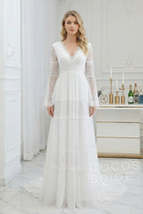 Elegant Long Sleeves A-line V-Neck Tulle Wedding Dresses